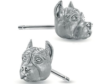 Handmade PIT BULL cropped ears Earring Studs in Oxidized Sterling Silver for all Dog, Puppy, and Pet Lovers