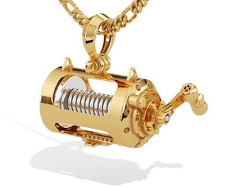 14k fishing reel pendant - Conventional Fishing Reel Pendant 14K Yellow Gold With Rhodium