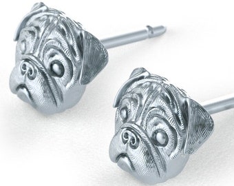 Handgemachte silberne Mops Ohrstecker aus oxidiertem Sterlingsilber für alle Hunde-, Welpen- und Haustier-Liebhaber
