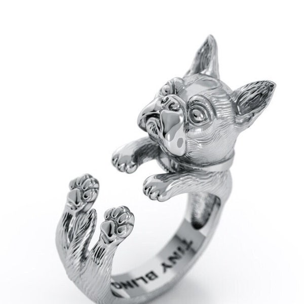 Boston Terrier Cuddle Ring Handmade in Sterling Silver, Gold or Platinum by Tiny Bling. Gifts for Animal Lovers