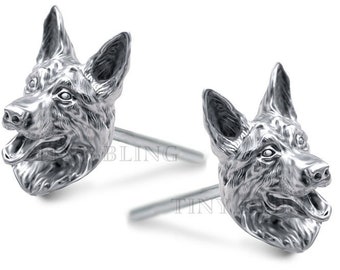 Handmade German Shepherd Earring Studs in Oxidized Sterling Silver or 14K Gold and Platinum for all Dog and Pet Lovers
