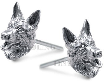 Handgemachte Schäferhund Ohrstecker in Sterling Silber oder 14K Gold und Platin für alle Hunde- und Tierliebhaber