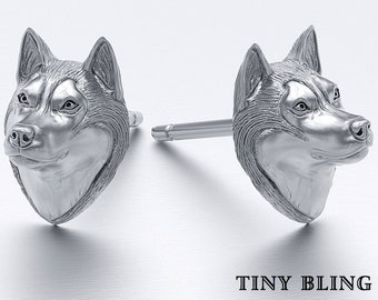 Handgefertigte Siberian Husky Ohrstecker aus oxidiertem Sterlingsilber für alle Hunde-, Welpen- und Haustierliebhaber