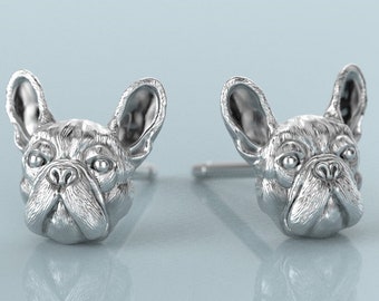 Handmade French Bulldog Earring Studs in Sterling Silver.