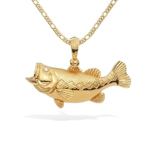 14K Gold Largemouth Bass Pendant with Diamond Eyes, Bass Charm Necklace, Sportfish Jewelry, Freshwater Fishing