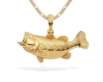 Wisiorek z okoniem wielkogębowym ze złota 14K z diamentowymi oczami, naszyjnik z zawieszką z okoniem, biżuteria z motywem ryb sportowych, wędkarstwo słodkowodne