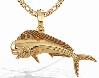 Wisiorek w kształcie ryby Mahi Mahi ze złota próby 14k z diamentowymi oczami, wykonany ręcznie z dbałością o szczegóły