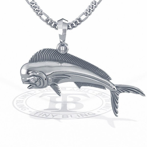 Sterling Silver Mahi Mahi Dolphinfish Pendant with Genuine Diamond Eyes designed by TinyBling