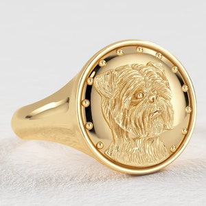 May include: A gold signet ring with a detailed relief of a dog's face. The ring has a polished finish and a round face with a dotted border. The dog's features are intricately carved, showcasing the breed's characteristics.