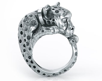 Exotic Cheetah Animal Cuddle Designer Ring Handcrafted by Tiny Bling and available in Silver Gold or Platinum