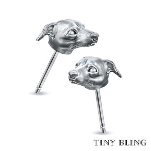 May include: A pair of silver Italian Greyhound dog head stud earrings. The earrings are made of metal and have a realistic design.