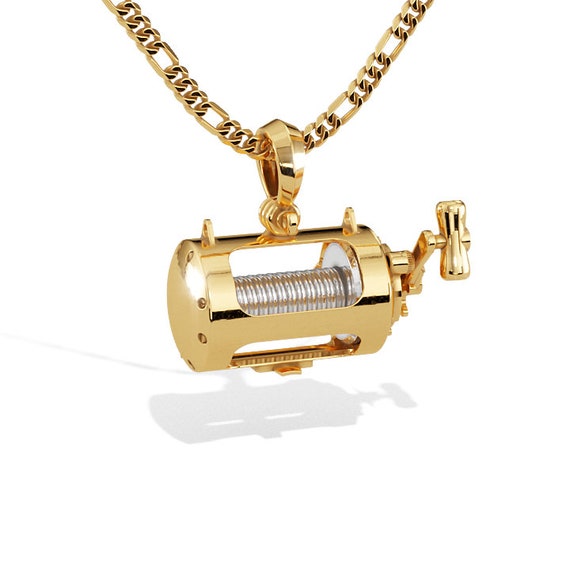 Miniature Conventional Fishing Reel Pendant in 14K Gold