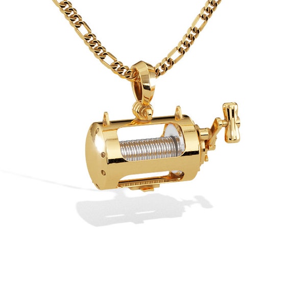 14K Conventional Fishing Reel Pendant Charm Pendant in 14K Gold a great GIFT for All Fisherman and Anglers