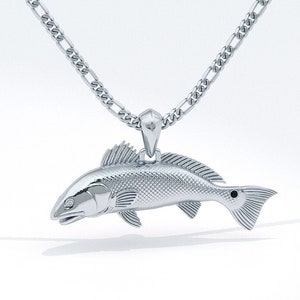 Sterling Silver Redfish 3D Pendant with Genuine Diamond Eyes and Black Diamonds in tail