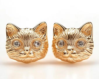 Kolczyki w kształcie kociego pyska (9 mm) z diamentowymi oczami – złoto 14K, delikatna biżuteria dla miłośników kotów, kolczyki z małymi zwierzątkami