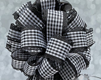 Black White Gingham Check Black Lace Edged Bow, Lantern Bow, Package Bow, Gift Bow, Wreath Bow, Basket Bow, Stair Rail Bow, Bow for Wreaths