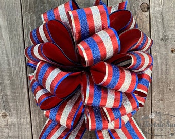 Red Silver Blue Patriotic Bow, 4th of July Bow, Memorial Day Bow, Wreath Bow, Veterans Day Bow, Celebration Bow, Wreath Bow , Lantern Bow