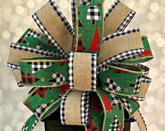 Green Gold Red Black/White Buffalo Check Christmas Trees Lantern Bow, Package Gift Bow, Christmas Bow, Wreath Bow, Stair Rail Mantle Bow