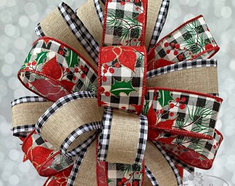 Black White Gingham Edge Poinsettia Bow, Lantern Bow, Package Gift Bow, Wreath Bow, Stair Rail Bow, Swag Bow, Bow for Wreaths, Craft Bow