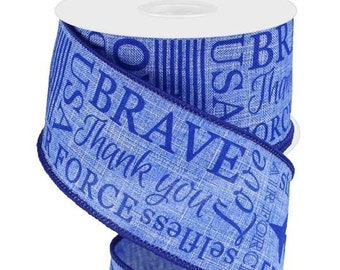 10yd Air Force On Royal Burlap Ribbon, Blue Light Blue Brave Freedom Love Thank You Air Force Selfless USA Flag Proud Hero Honor Ribbon