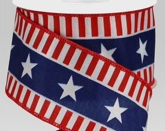 Red White Blue Bold Stripes Stars Wired Ribbon, Wreath Ribbon, Bow Ribbon,Gift Package Ribbon, Patriotic Ribbon, Craft Ribbon, Wreath Ribbon