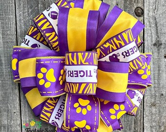 Tigers Bow, Purple Gold Ribbon Bow, Wreath Bow, Whimsical Paw Bow,Tailgating bow, Dorm Bow, State University Bow, Party Bow, Bow for Wreaths