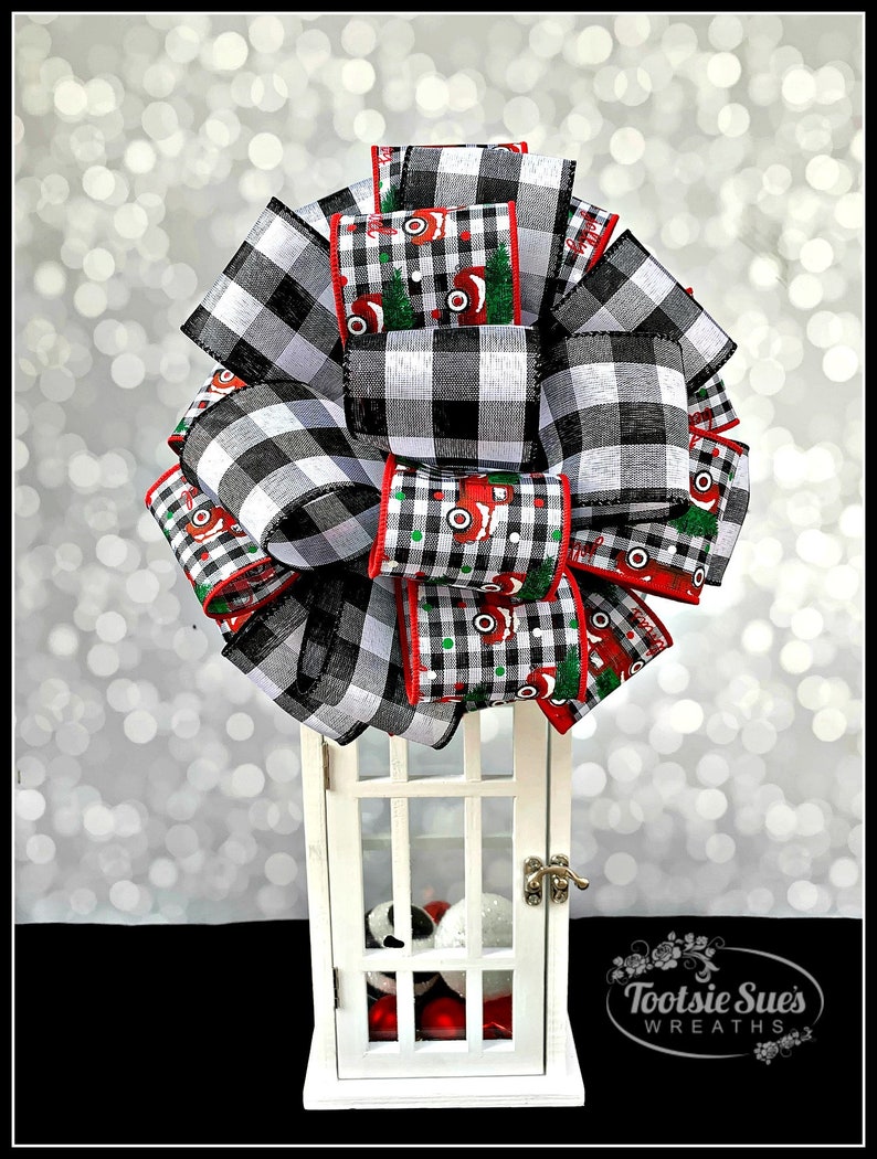 Wreath Bow,Stair Rail Bow Mantle Bow,Bow for Wreaths Lantern Bow Gift Bow Package Bow Black White Buffalo Check Plaid Vintage Truck Bow