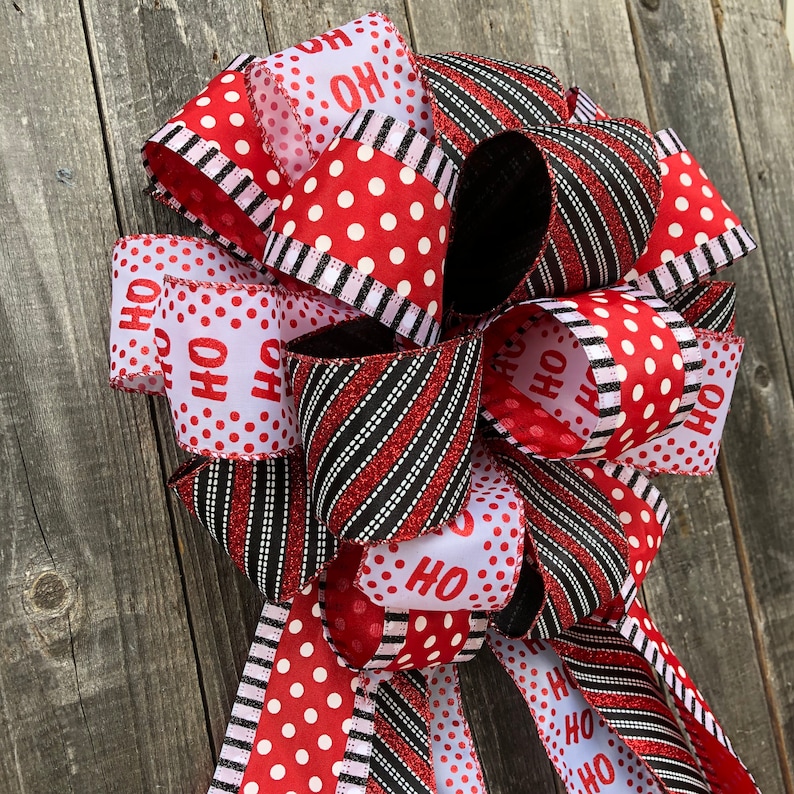 Package Gift Bow Wreath Bow Stair Rail Bow Christmas Wreath Bow Red White Black Dots Ho Ho Ho Christmas Tree Topper Bow