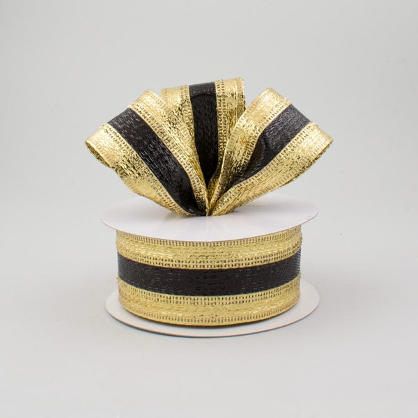 Black Gold Stripe Sports wired Ribbon, Gift Package Ribbon, Scrap Book Ribbon, Bow Ribbon,  Wreath Ribbon, Floral Ribbon, Package ribbon