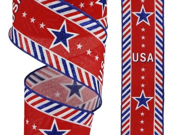 Red White Blue Stars USA Woven Wired Ribbon, Wreath Ribbon, Bow Ribbon, Floral Ribbon, Craft Ribbon, Gift Package Ribbon, Patriotic Ribbon