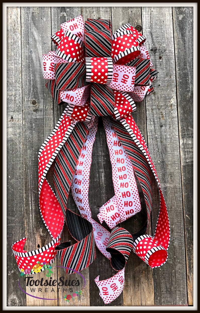 Package Gift Bow Wreath Bow Stair Rail Bow Christmas Wreath Bow Red White Black Dots Ho Ho Ho Christmas Tree Topper Bow