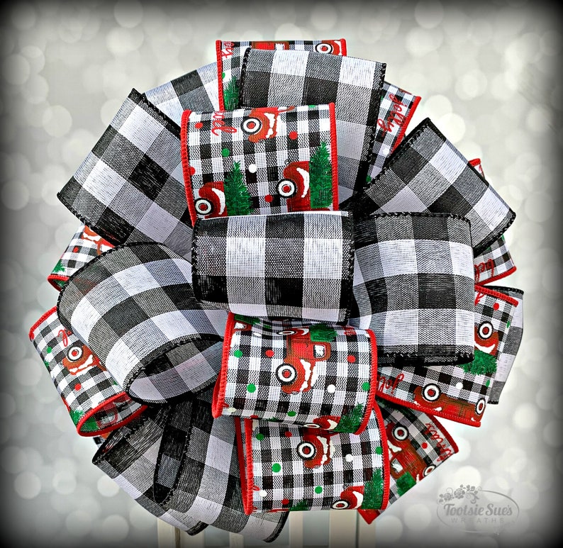 Wreath Bow,Stair Rail Bow Mantle Bow,Bow for Wreaths Lantern Bow Gift Bow Package Bow Black White Buffalo Check Plaid Vintage Truck Bow