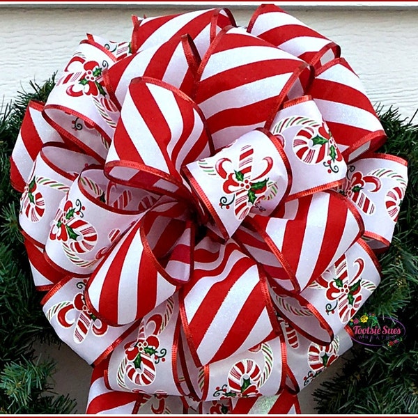 Red White Candy Stripe Peppermint Christmas Bow, Craft Bow, Wreath Bow, Mail Box Bow, Stair Rail Bow, Package Gift Bow, Tree Topper Bow