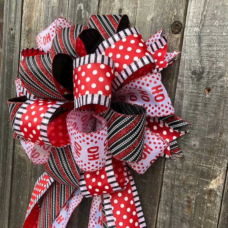 Package Gift Bow Wreath Bow Stair Rail Bow Christmas Wreath Bow Red White Black Dots Ho Ho Ho Christmas Tree Topper Bow