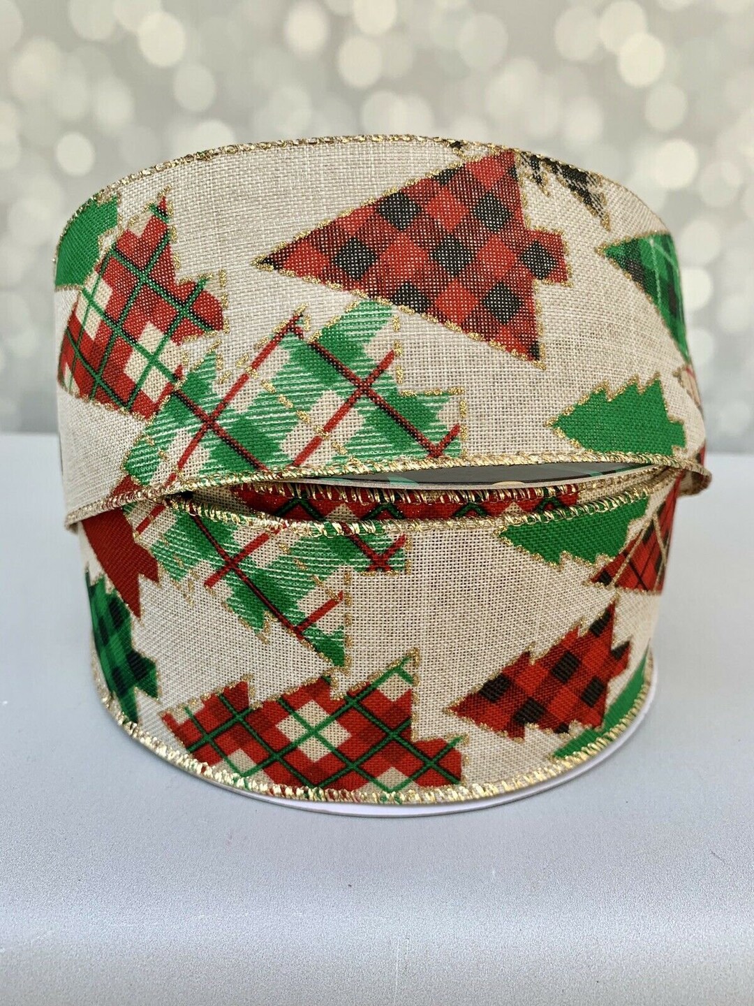 Tan Buffalo Check Christmas Trees Ribbon, Floral Ribbon, Bow Ribbon