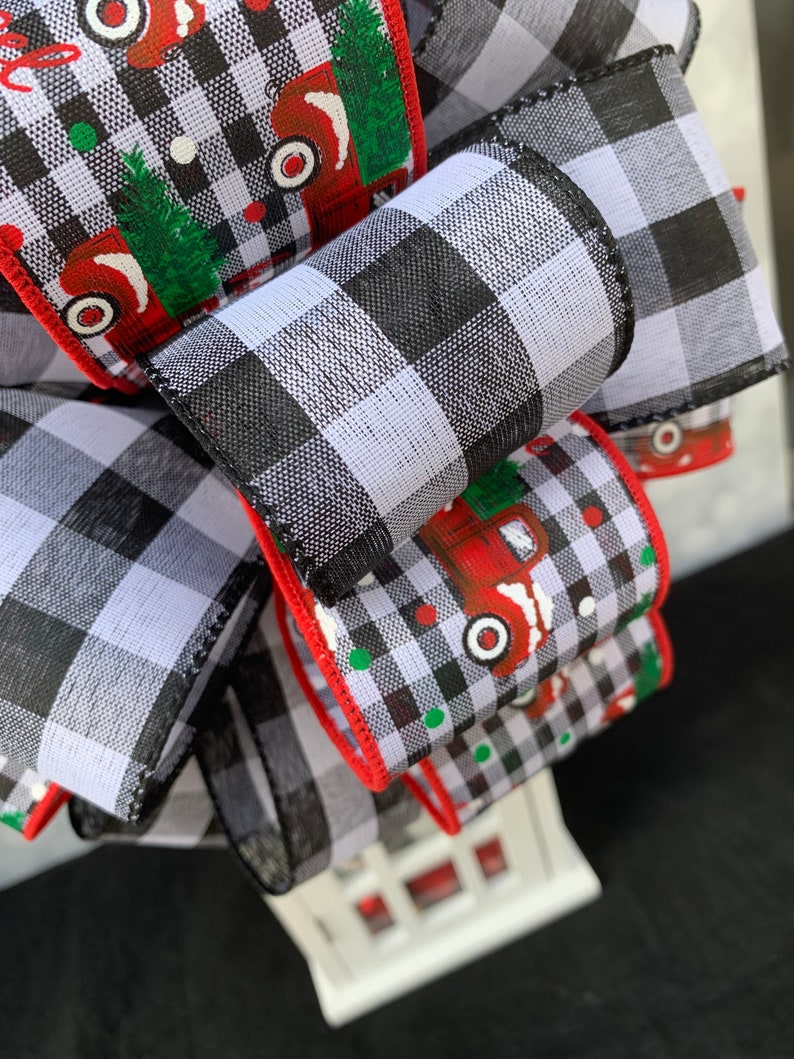 Wreath Bow,Stair Rail Bow Mantle Bow,Bow for Wreaths Lantern Bow Gift Bow Package Bow Black White Buffalo Check Plaid Vintage Truck Bow