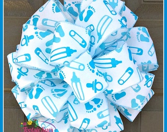 Baby Boy Bow, New Baby, Package Bow, Gift Bow, Baby Shower Bow, Hospital Door Bow, Boy Baby Pins Bow, Craft Bow, Wreath, Baby Announcement