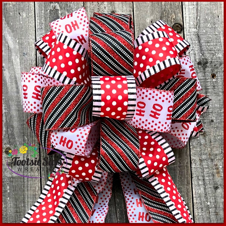 Package Gift Bow Wreath Bow Stair Rail Bow Christmas Wreath Bow Red White Black Dots Ho Ho Ho Christmas Tree Topper Bow