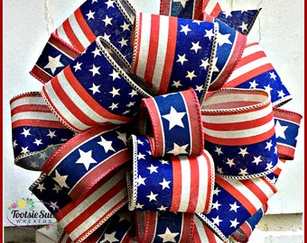 Red Beige Blue Stars Stripes Bow, Patriotic Bow, 4th of July Bow, Memorial Day,  Wreath Bow, Veterans Day Bow, Lantern Bow, Bow for Wreaths