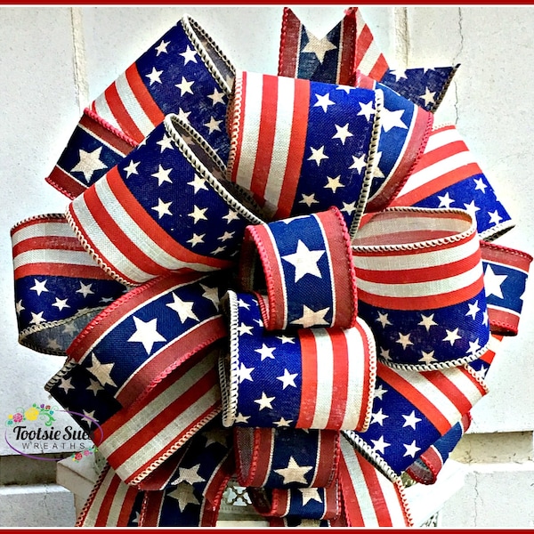 Red Beige Blue Stars Stripes Bow, Patriotic Bow, 4th of July Bow, Memorial Day,  Wreath Bow, Veterans Day Bow, Lantern Bow, Bow for Wreaths