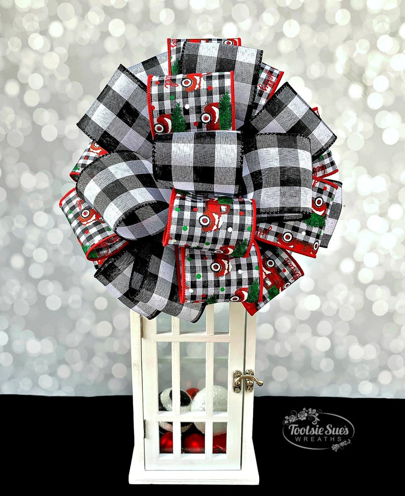 Wreath Bow,Stair Rail Bow Mantle Bow,Bow for Wreaths Lantern Bow Gift Bow Package Bow Black White Buffalo Check Plaid Vintage Truck Bow