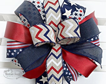 Whimsical Funky Bow, Red White Navy Blue Patriotic Bow, Mantle Bow, Wreath Bow, Package Gift Bow, Lantern Bow, Veterans Day Bow