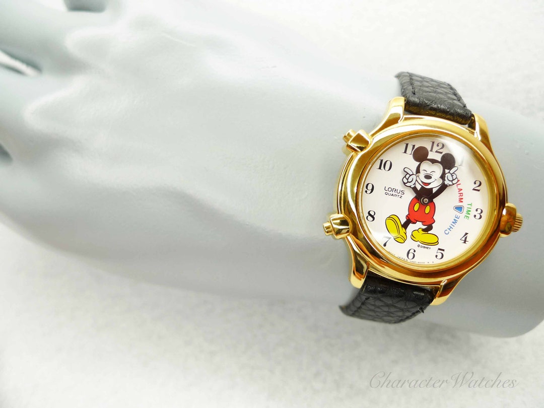 Vintage Lorus Mickey Mouse Alarm Chime Watch V69F-6000 Brown Leather Gold Tone SOLD** LORUS Model No. V69F-6000 Mickey Mouse Watch Vintage  main image 2