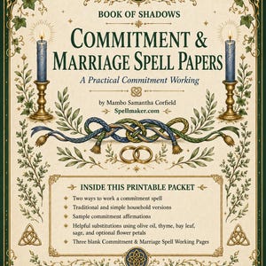 以下が含まれることがあります： Mambo Samantha Corfieldによる「Book of Shadows Commitment & Marriage Spell Papers」と題された印刷可能な文書。青いキャンドル2本、編み込まれた紐、金の指輪が描かれ、緑の蔦と複雑なケルト模様の結び目で縁取られたデザイン。