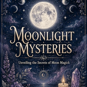 Op de afbeelding: Een boekomslag met de titel Moonlight Mysteries: Unveiling the Secrets of Moon Magick door A. Corfield. De donkerblauwe achtergrond toont een grote volle maan, maanfasen, paarse bloemen, een brandende kaars en een paars kristal.