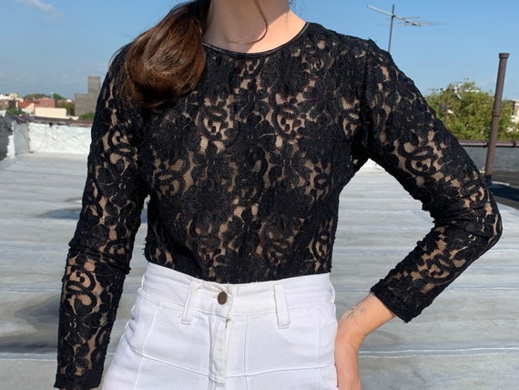 Vintage 90s long sleeves black floral lace leotard