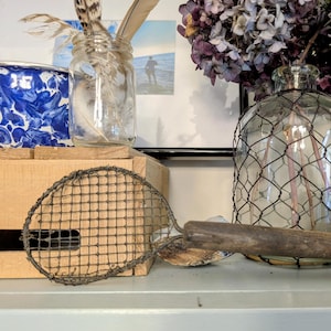 Farm House, Primitive Strainer Skimmer, Vintage Kitchen Decor, Wire strainer with Wood Handle 15.5&quot;