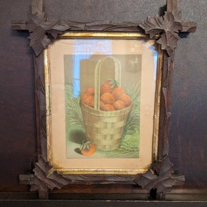 Antique ADIRONDACK leaves picture frame Tramp Art, Folk Art w/ Strawberry Print