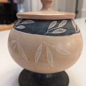 Vintage Hand Craved Pedestal Bowl Lidded Pot Canister Urn Jar