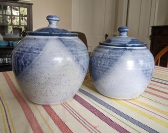 Pair of handmade Ceramic Jars, Stoneware Containers with Lids, Countertop Storage Jars, Blue and White Glazed Pots, Modern Farmhouse